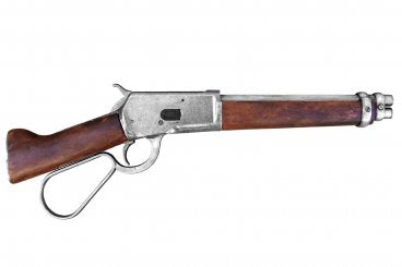 Replica of Mare's Leg rifle made of metal and wood, with loading and firing simulated mechanism.