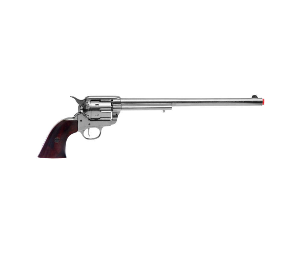 Colt Peacemaker revolver replica with 12-inch barrel and wooden grips