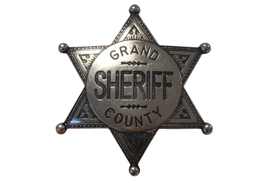 High-quality Grand County Sheriff badge replica featuring a polished silver finish, crafted from metal with a traditional law enforcement design.