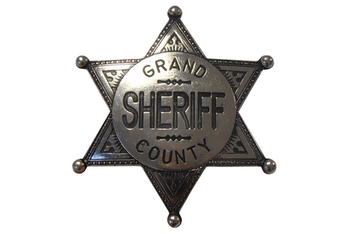 High-quality Grand County Sheriff badge replica featuring a polished silver finish, crafted from metal with a traditional law enforcement design.