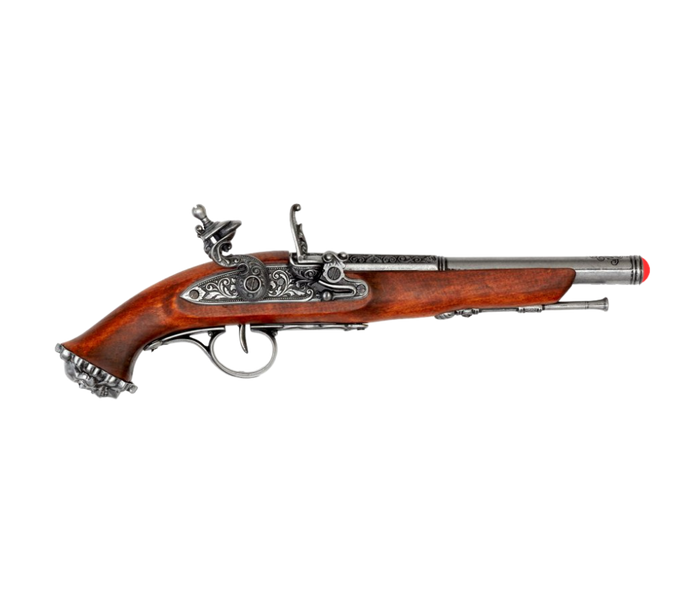 Flintlock pirate pistol replica with wood and metal construction, 18th-century design