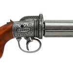 6 barrel pepperbox revolver made of metal and wooden grips with firing mechanism and rotating gun.