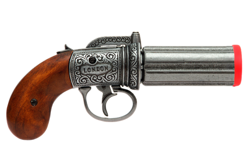 6 barrel pepperbox revolver made of metal and wooden grips with firing mechanism and rotating gun.