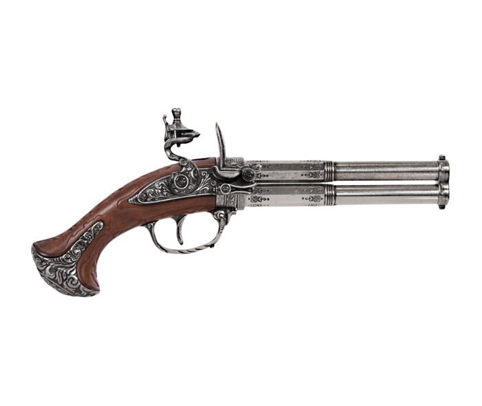 Revolving 2 Barrel Flintlock Pistol, France 18th Century in metal and simulated engrave wooden grips 