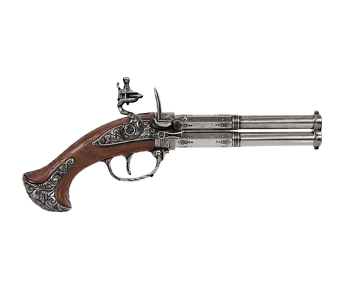 Revolving 2 Barrel Flintlock Pistol, France 18th Century in metal and simulated engrave wooden grips 