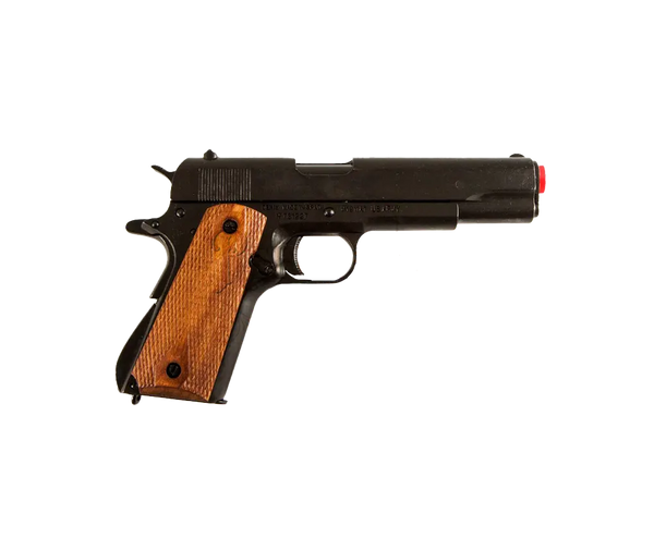 Denix Colt government replica pistol with intricately engraved wooden grip panels