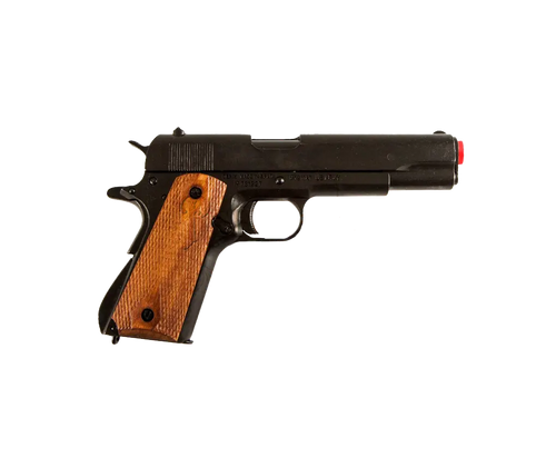 Denix Colt government replica pistol with intricately engraved wooden grip panels