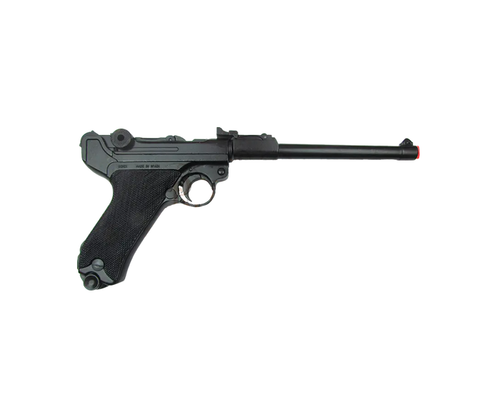 Luger P08 Artillery model in black finish, made of metal and plastic grips.