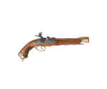 Percussion pirate pistol replica with golden-style finish, wood and metal construction