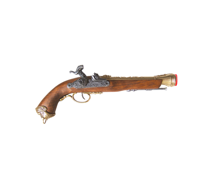 Percussion pirate pistol replica with golden-style finish, wood and metal construction