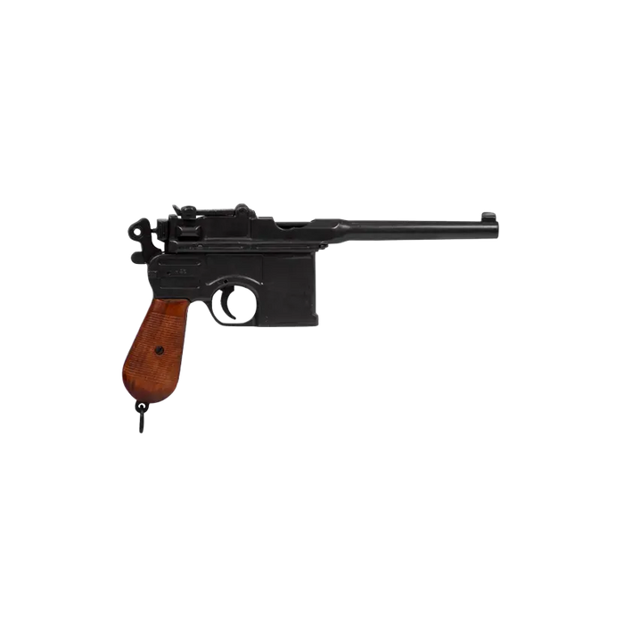 Mauser C96 Broomhandle made of metal with simulated engraved wooden grips.