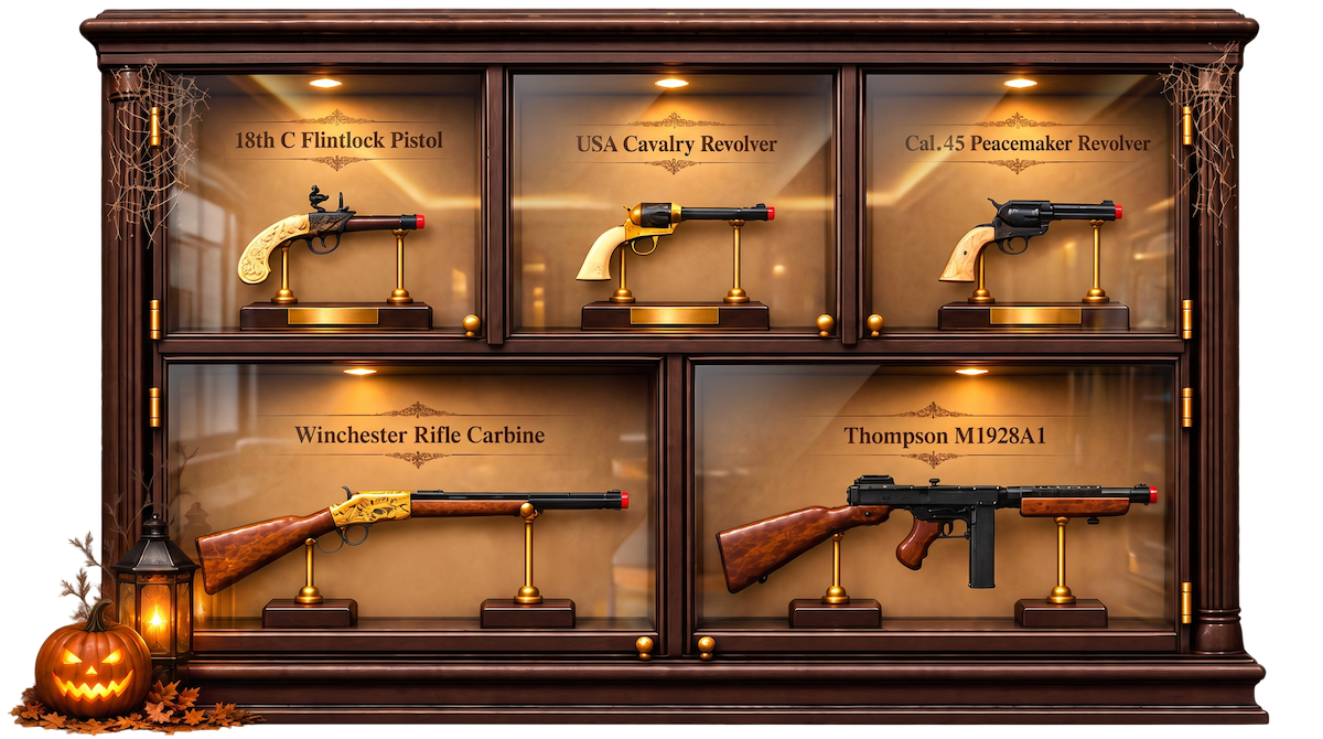 Halloween vintage display cabinet showcasing collectible replica firearms