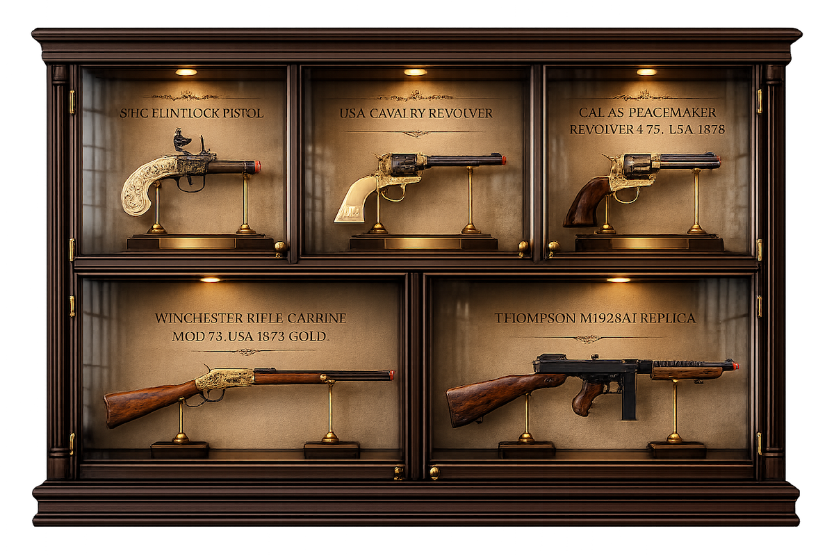 Vintage display cabinet showcasing collectible replica firearms